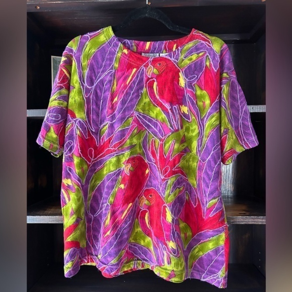 Bright Pink and Purple Bird Shirt Vintage Women’s Short Sleeved Size L Tropical